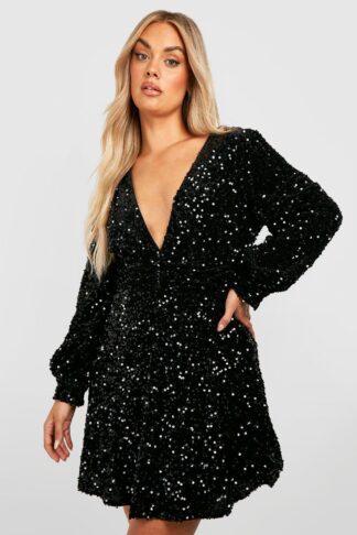 Womens Plus Sequin Ruched Waist Skater Dress - Black - 26, Black