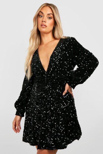 Womens Plus Sequin Ruched Waist Skater Dress - Black - 26, Black