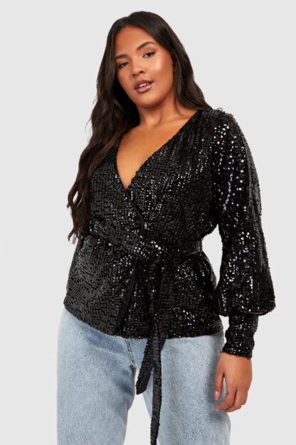 Womens Plus Sequin Wrap Blouse - Black - 28, Black