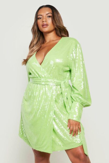 Womens Plus Sequin Wrap Dress - Green - 18, Green