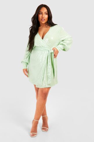 Womens Plus Sequin Wrap Dress - Green - 24, Green