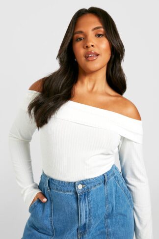 Womens Plus Soft Knitted Rib Bardot Top - White - 26, White