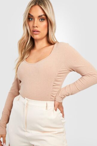 Womens Plus Soft Rib Ruched Detail Top - Beige - 26, Beige