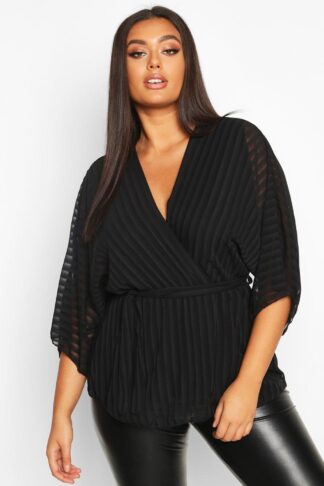 Womens Plus Stripe Kimono Sleeve Peplum Wrap Tie Blouse - Black - 16, Black