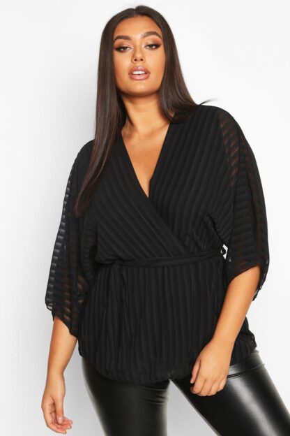 Womens Plus Stripe Kimono Sleeve Peplum Wrap Tie Blouse - Black - 16, Black