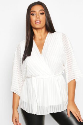 Womens Plus Stripe Kimono Sleeve Peplum Wrap Tie Blouse - White - 16, White