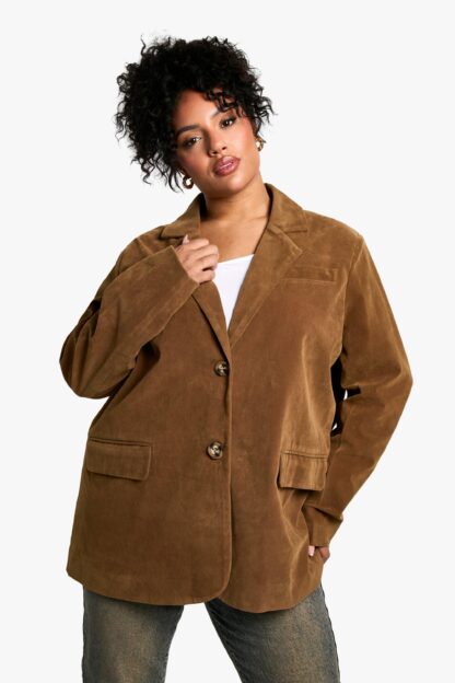 Womens Plus Suede Single Breasted Oversized Blazer - Brown - 16, Brown