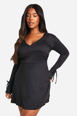 Womens Plus Super Soft Flared Tie Cuff Skater Dress - Black - 16, Black