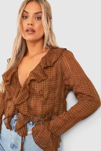 Womens Plus Textured Ruffle Tie Detail Cropped Blouse Top - Brown - 16, Brown