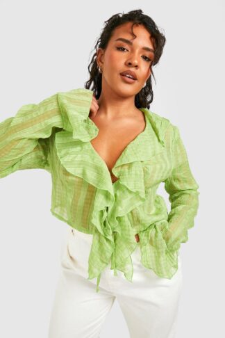 Womens Plus Textured Ruffle Tie Detail Cropped Blouse Top - Green - 16, Green