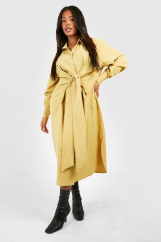 Womens Plus Textured Woven Tie Front Midi Shirt Dress - Green - 24, Green