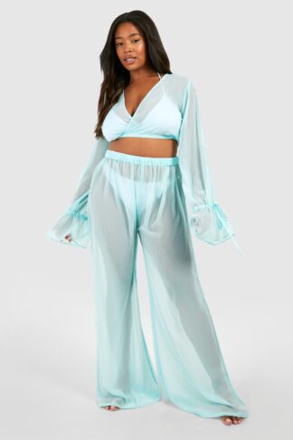 Womens Plus Tie Crop Top And Beach Trouser - Blue - 18, Blue