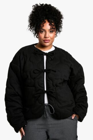 Womens Plus Tie Detail Padded Jacket - Black - 16, Black