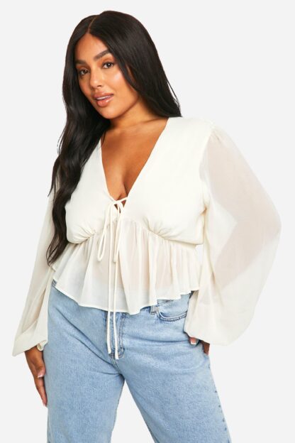 Womens Plus Tie Front Peplum Blouse - White - 26, White
