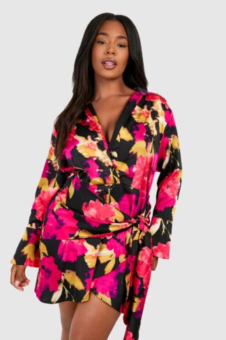 Womens Plus Tie Front Printed Satin Shirt Dress - Black - 16, Black