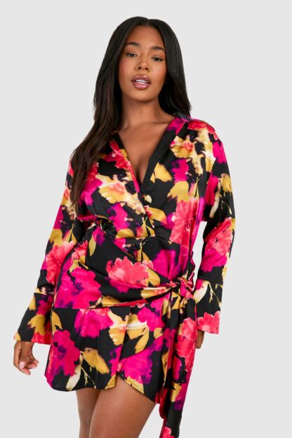 Womens Plus Tie Front Printed Satin Shirt Dress - Black - 16, Black