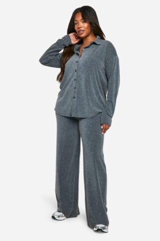 Womens Plus Two Tone Rib Top & Wide Leg Trouser Co Ord - Grey - 22