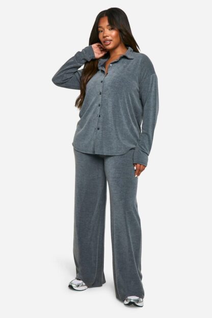 Womens Plus Two Tone Rib Top & Wide Leg Trouser Co Ord - Grey - 22