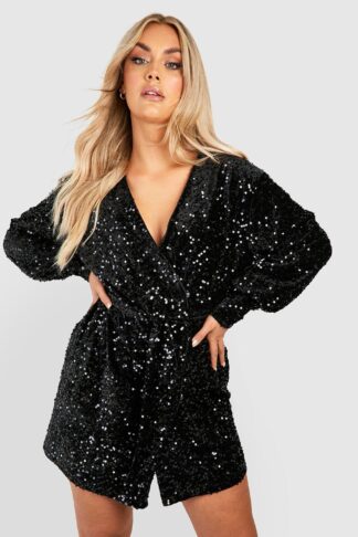 Womens Plus Velvet Sequin Wrap Dress - Black - 22, Black