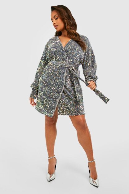 Womens Plus Velvet Sequin Wrap Dress - Grey - 26, Grey