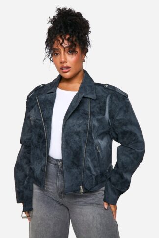 Womens Plus Vintage Look Faux Leather Biker Jacket - Grey - 24, Grey