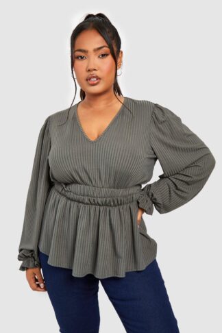 Womens Plus Wide Rib Peplum Top - Green - 16, Green