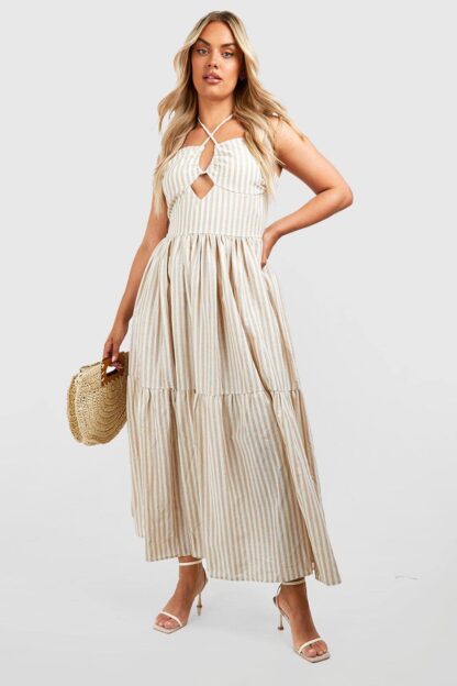 Womens Plus Woven Halterneck Stripe Maxi Dress