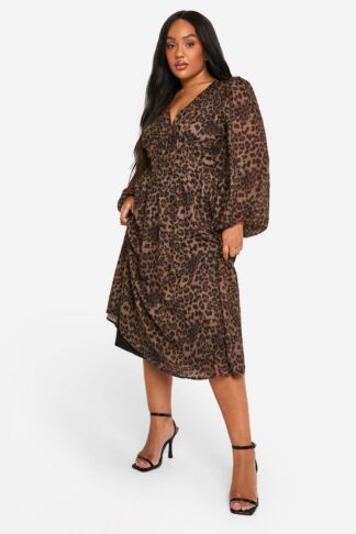 Womens Plus Woven Leopard Milkmaid Midi Skater Dress