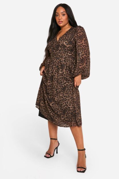 Womens Plus Woven Leopard Milkmaid Midi Skater Dress