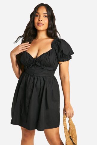 Womens Plus Woven Milkmaid Button Down Skater Dress - Black - 16, Black