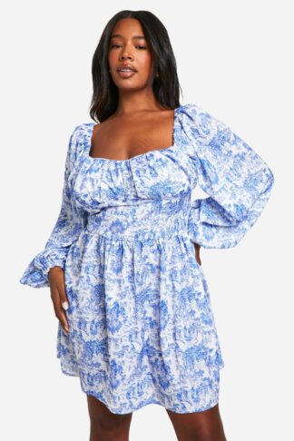 Womens Plus Woven Porcelain Print Milkmaid Skater Dress - Blue - 20, Blue