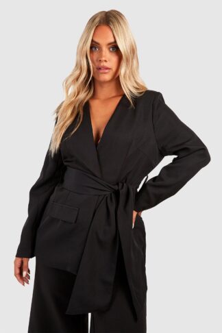 Womens Plus Woven Tie Belt Pocket Blazer - Black - 16, Black
