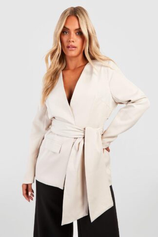 Womens Plus Woven Tie Belt Pocket Blazer - White - 16, White