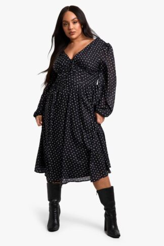 Womens Plus Woven polka dot Milkmaid Midi Skater Dress