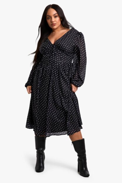 Womens Plus Woven polka dot Milkmaid Midi Skater Dress