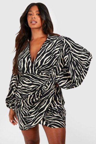 Womens Plus Zebra Print Blouson Sleeve Wrap Dress - Black - 16