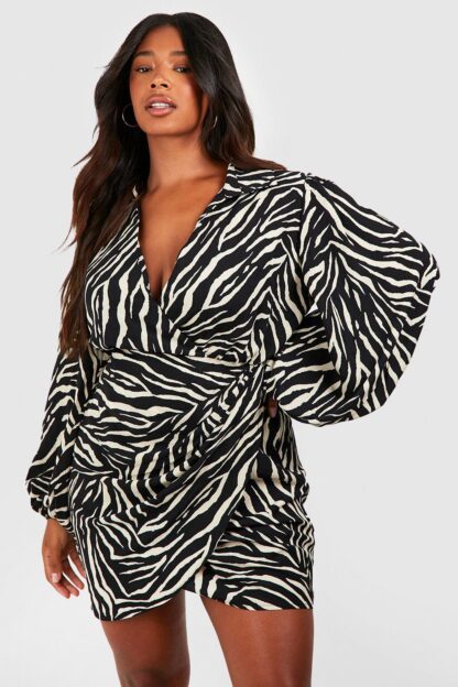 Womens Plus Zebra Print Blouson Sleeve Wrap Dress - Black - 16, Black