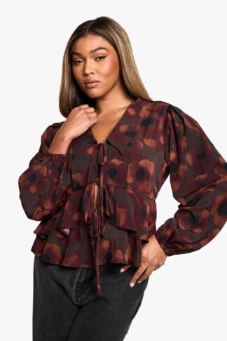 Womens plus floral tie front ruffle blouse