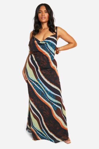 Womens Plus Abstract Chiffon Cowl Maxi Dress - Brown - 16, Brown