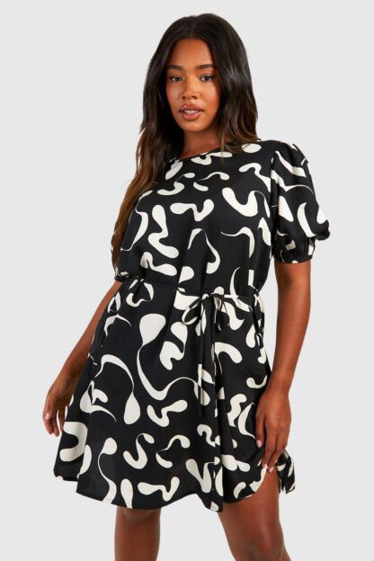 Womens Plus Abstract Puff Sleeve Skater Dress - Black - 28, Black