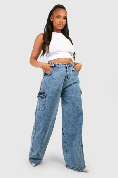 Womens Plus Acid Wash Cargo Pocket Wide Leg Jean - Grey - 16, Grey