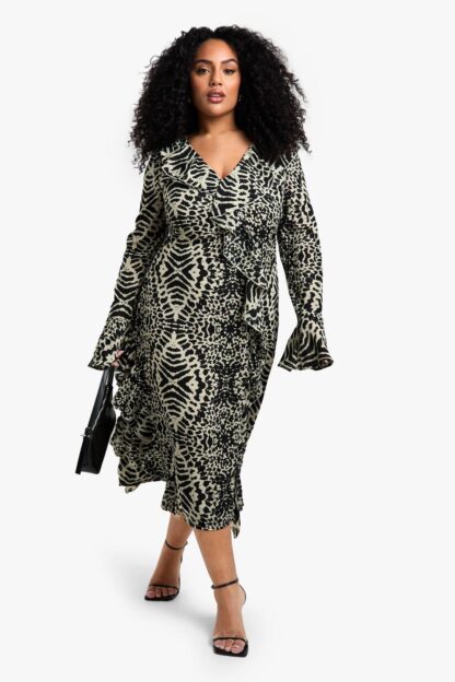 Womens Plus Animal Print Chiffon Ruffle Midi Dress - Beige - 16, Beige