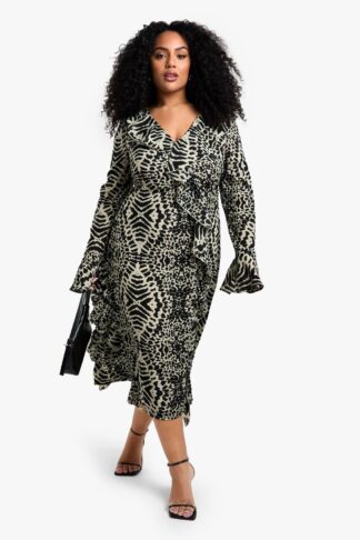 Womens Plus Animal Print Chiffon Ruffle Midi Dress - Stone - 16