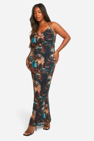 Womens Plus Animal Print Cowl Neck Maxi Dress - Black - 28, Black
