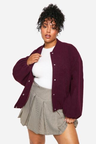 Womens Plus Balloon Sleeve Wool Look Bomber Jacket - Red - 16, Red