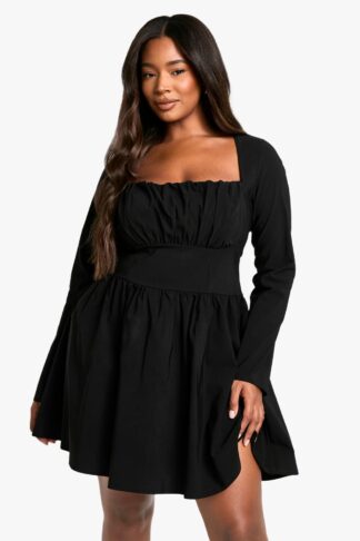 Womens Plus Bengaline Corset Long Sleeve Skater Dress - Black - 16, Black