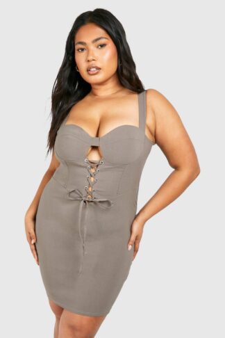 Womens Plus Bengaline Lace Up Bodycon Dress - Beige - 16, Beige