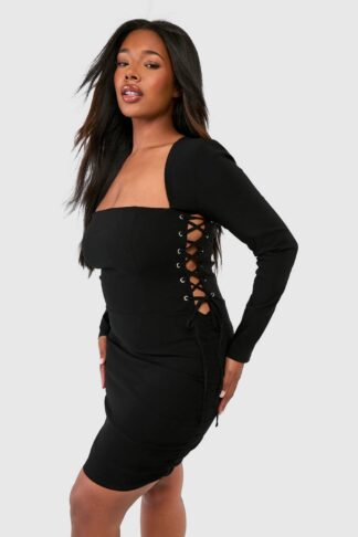 Womens Plus Bengaline Lace Up Square Neck Corset Bodycon Dress - Black - 16, Black