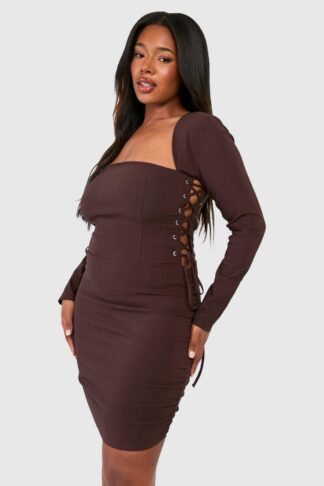 Womens Plus Bengaline Lace Up Square Neck Corset Bodycon Dress - Brown - 28, Brown