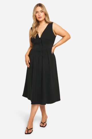 Womens Plus Bengaline Plunge Corset Midi Skater Dress - Black - 28, Black